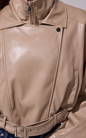 Papoose Faux Leather Beige Cropped Jacket image number 5