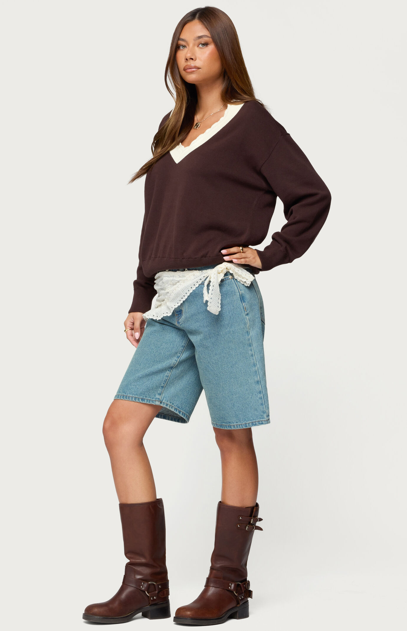 Edikted Marie Contrast Lacey V Neck Sweater