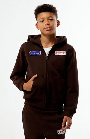 Brown Embroidered Patch Full Zip Up Hoodie image number 1