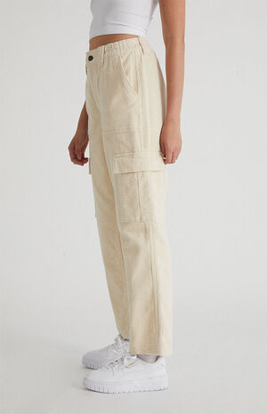 Off White Corduroy Cargo Elastic Waist Pants image number 3