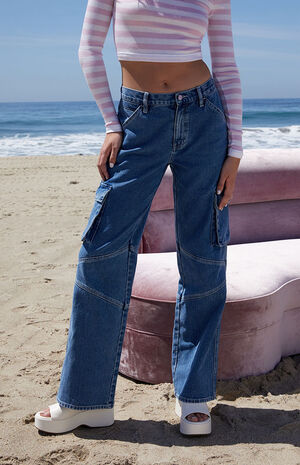 Dark Blue Mid Rise Fitted Cargo Flare Jeans image number 3