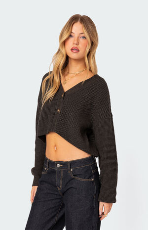 Oversized Waffle Knit Cropped Cardigan image number 3