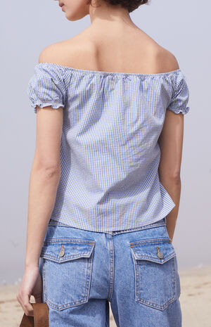 Blue & White Gingham Clarisse Off-The-Shoulder Top image number 3