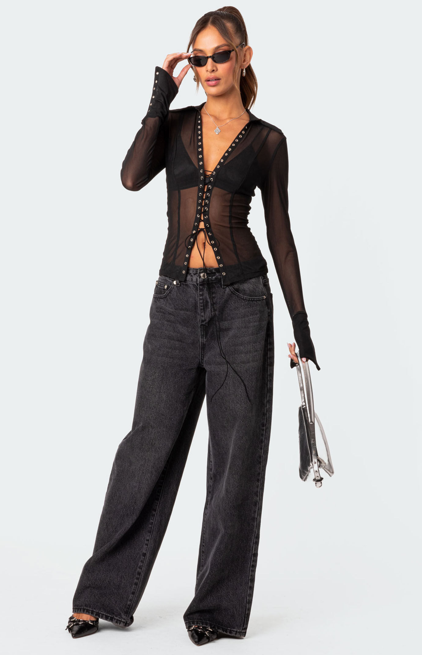 Edikted Lace Up Sheer Mesh Top | PacSun