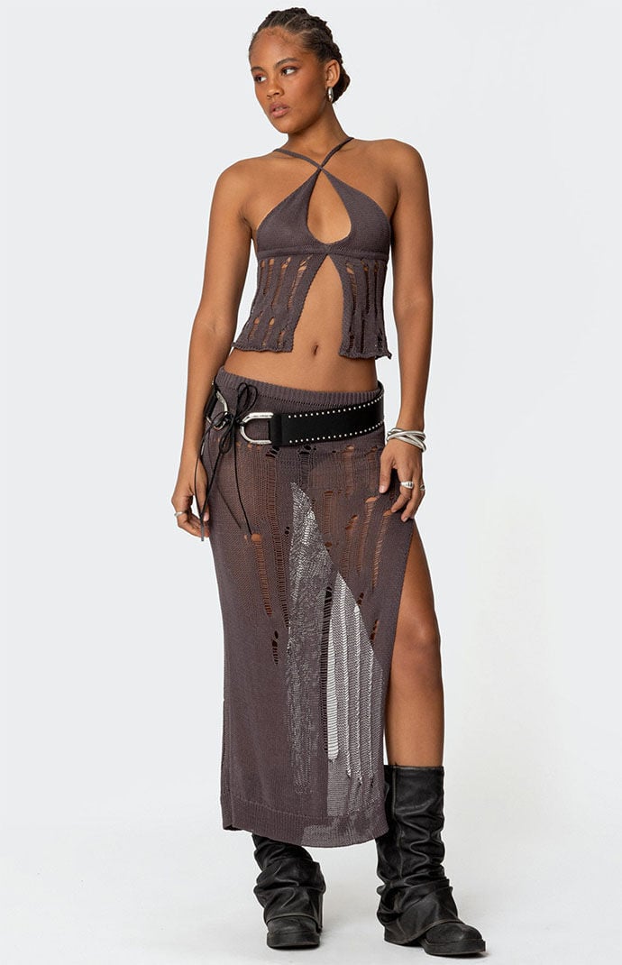 Edikted Jaynie Distressed Knit Maxi Skirt | PacSun