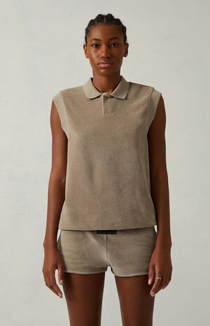 Women's Desert Taupe Velour Sleeveless Polo Sweatshirt image number 2