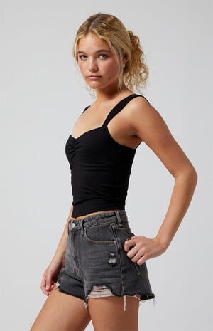 Black Ripped Zip Fly High Waisted Denim Festival Shorts image number 3