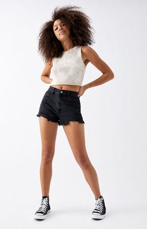 Black Distressed High Waisted Denim Festival Shorts image number 5
