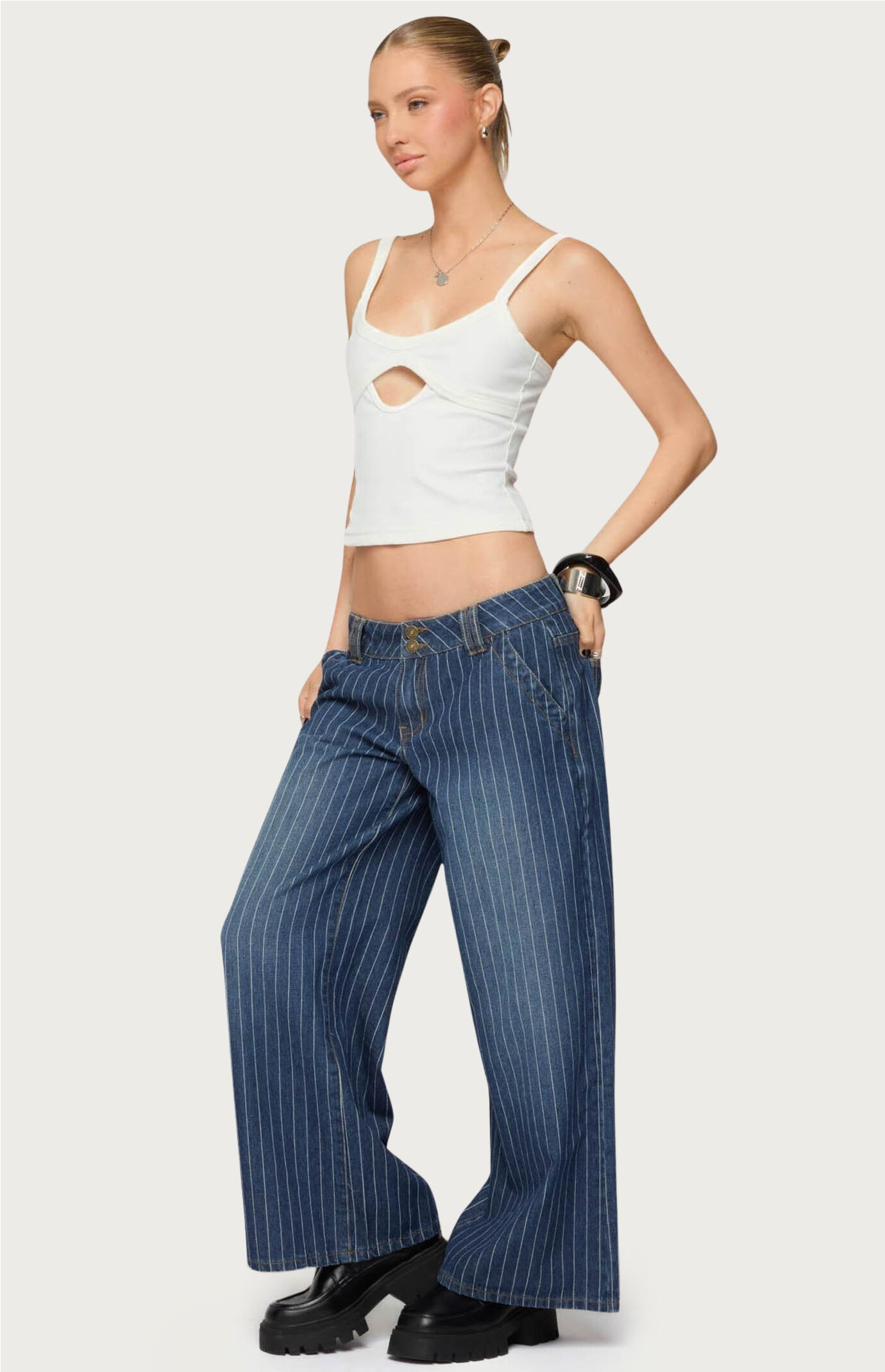 Edikted Petite Cory Striped Low Rise Jeans