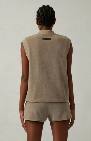 Women's Desert Taupe Velour Sleeveless Polo Sweatshirt image number 4