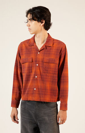 Orange Washed Cropped Camp Flannel Shirt image number 1