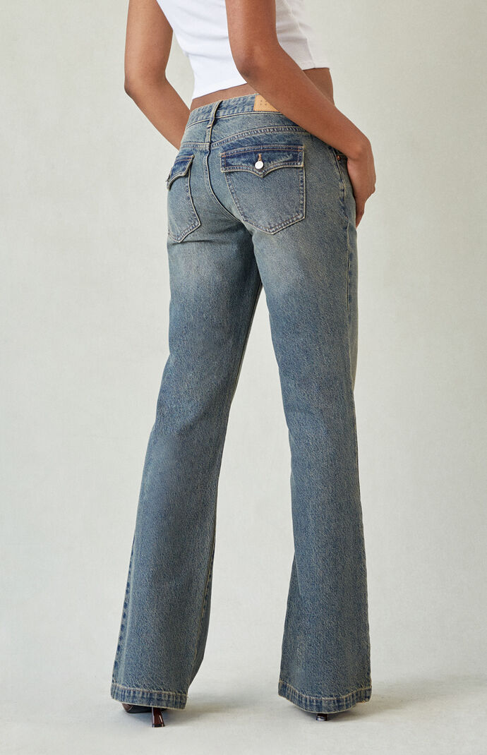 Pacsun Jade Low Rise Bootcut Jeans Button Pocket Dark Blue