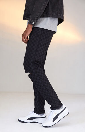 Black Checkerboard Slim Taper Jeans image number 3