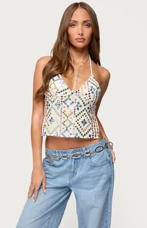 Embroidered Sequin Backless Top image number 1