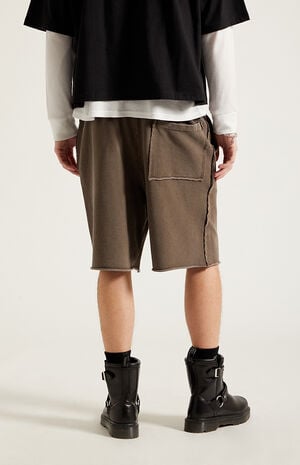 Washed Brown Fleece Raw Baggy Sweat Shorts image number 5