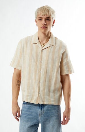 Tan Striped Oversized Camp Shirt image number 1