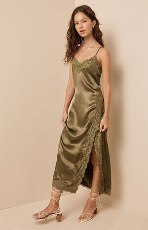 Satin Lace Trim Midi Dress image number 2