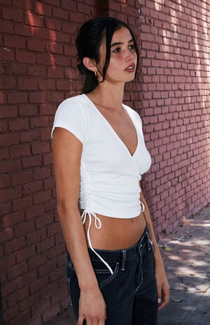White Short Sleeve Cinched Wrap Top image number 1