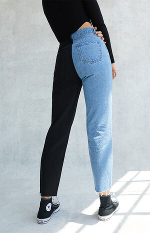 Eco Black Two-Tone High Waisted Straight Leg Jeans image number 4