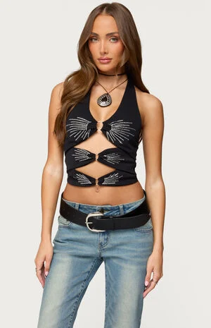 Lettie Rhinestone Cut Out Halter Top image number 1