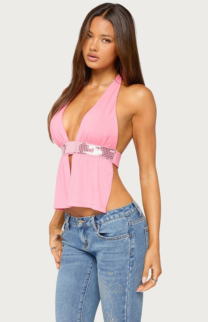 Edikted Heily Sequin Backless Halter Top