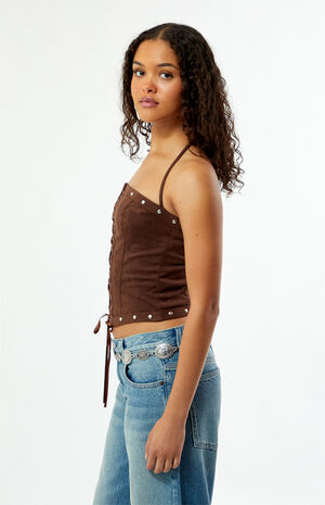 Chelsie Faux Suede Lace-Up Top image number 4