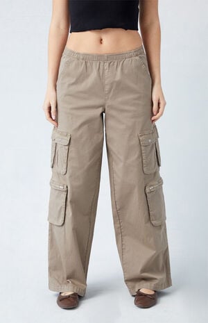 Taupe Draped Low Rise Wide Leg Cargo Pants image number 2