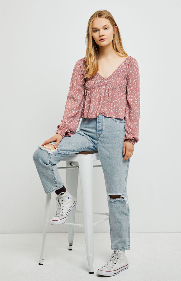 Long Sleeve Smocked V-Neck Babydoll Top