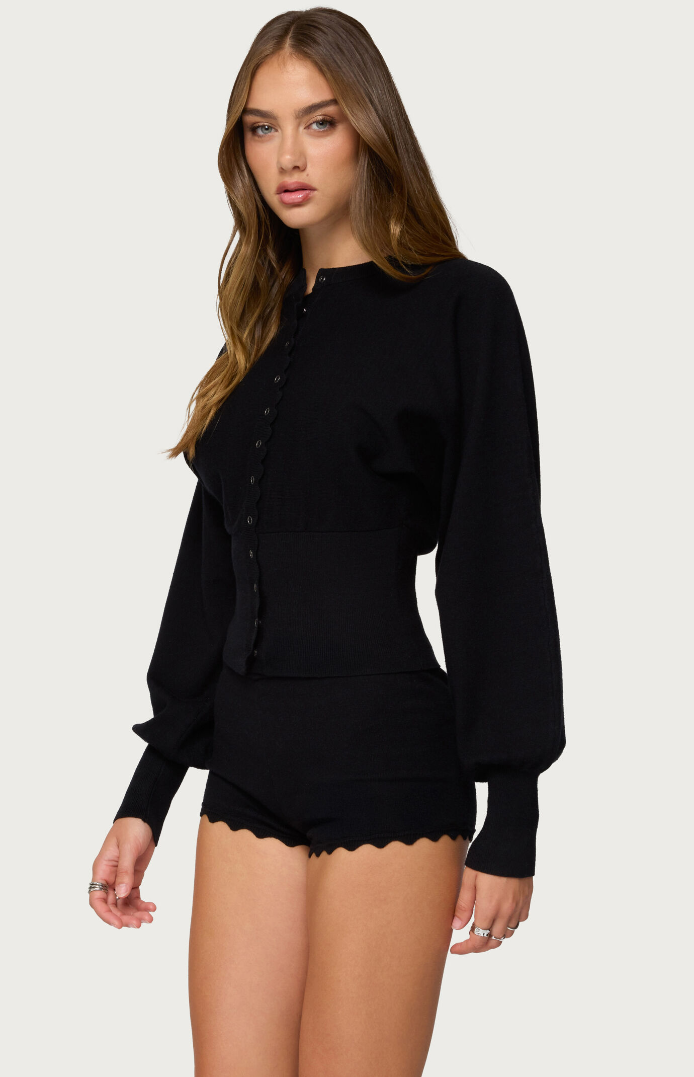 Edikted Maizy Puff Sleeve Scalloped Knit Cardigan