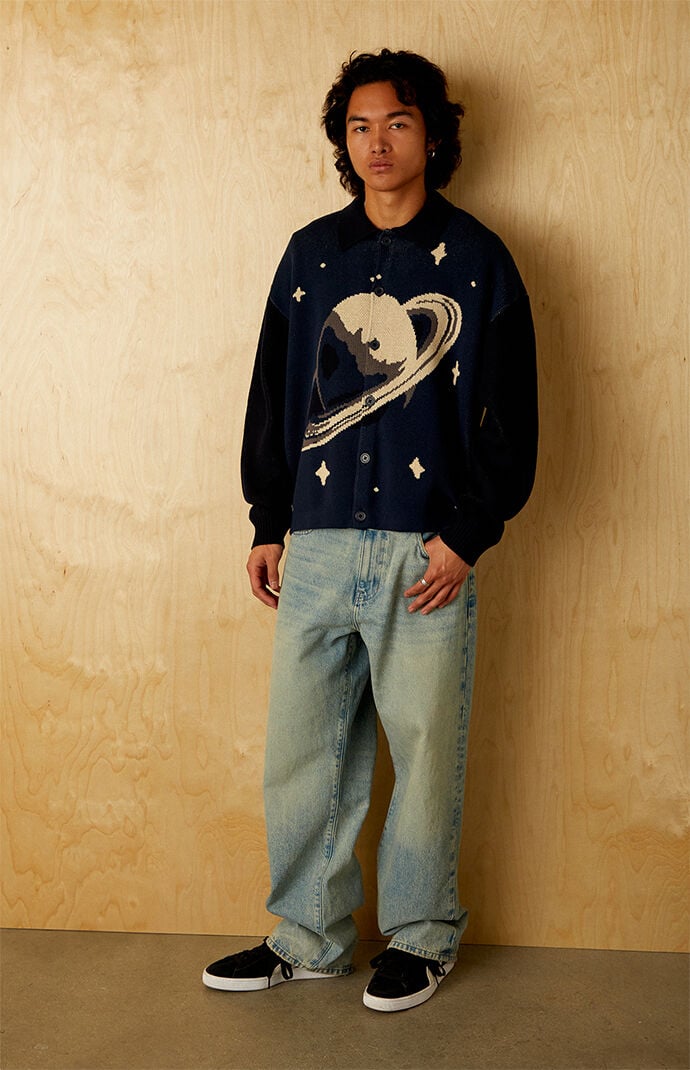 Pacsun Navy Space Button-Up Polo Cardigan