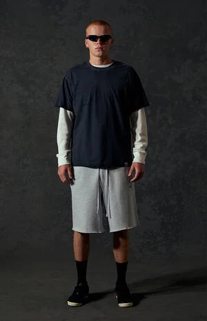 Heather Grey Standard Long Fleece Sweat Shorts image number 2