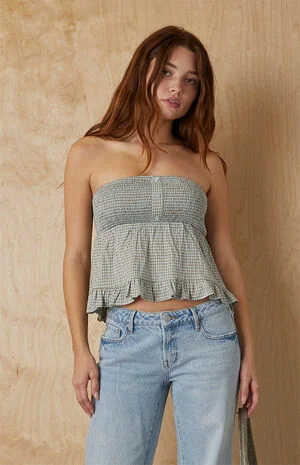 Plaid Strapless Button Up Top image number 1