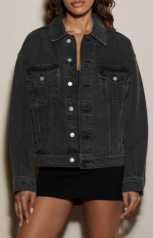 Black Oversized Jean Trucker Jacket image number 2