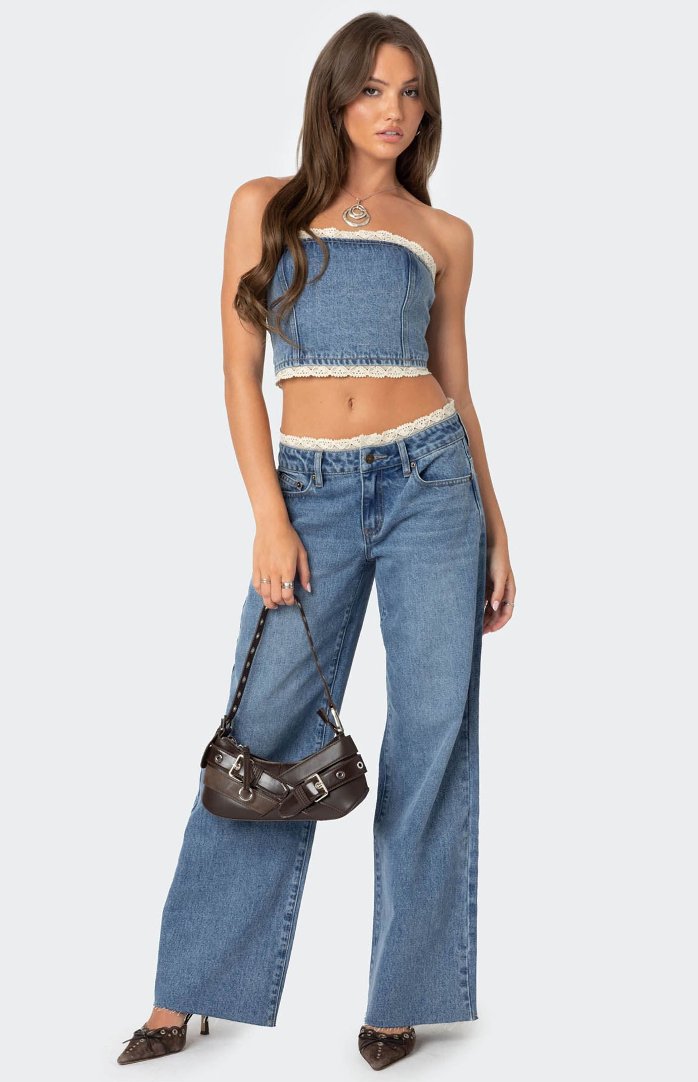 Edikted Karlie Lace Trim Denim Tube Top | PacSun