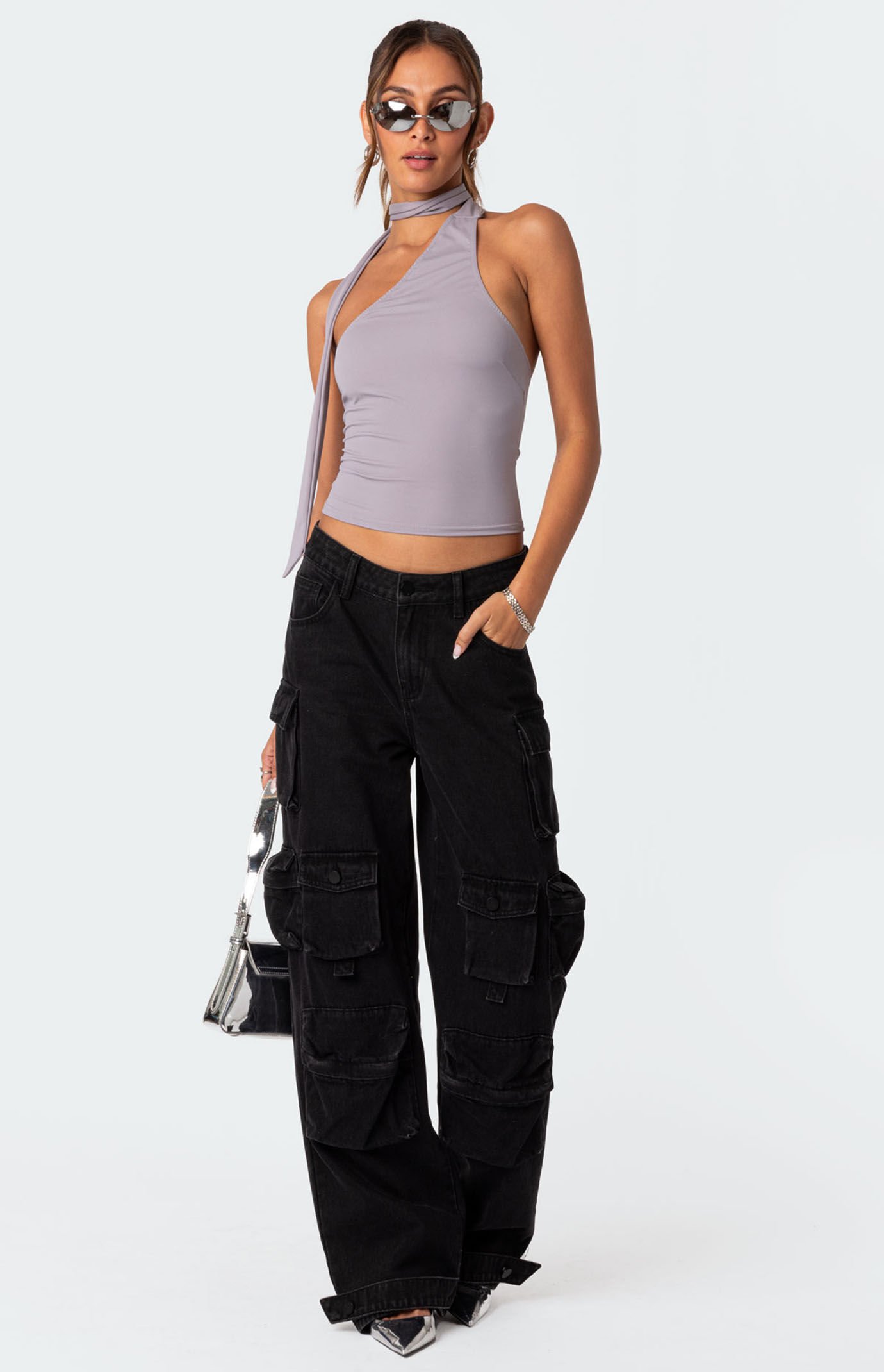AsymmetricCottonblendJerseytops・blk/S Edikted Melony Asymmetric Scarf Top | PacSun