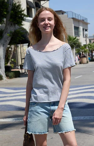 White & Blue Robyn Striped Off-The-Shoulder T-Shirt image number 1
