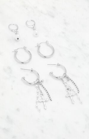 3 Pack Pearl Cross Hoop Earrings image number 2