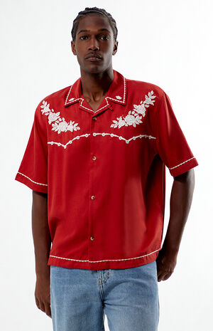 Red Western Embroidered Oversized Resort Camp Shirt image number 1