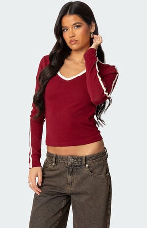 Edikted Contrast V Neck Long Sleeve T-Shirt | PacSun