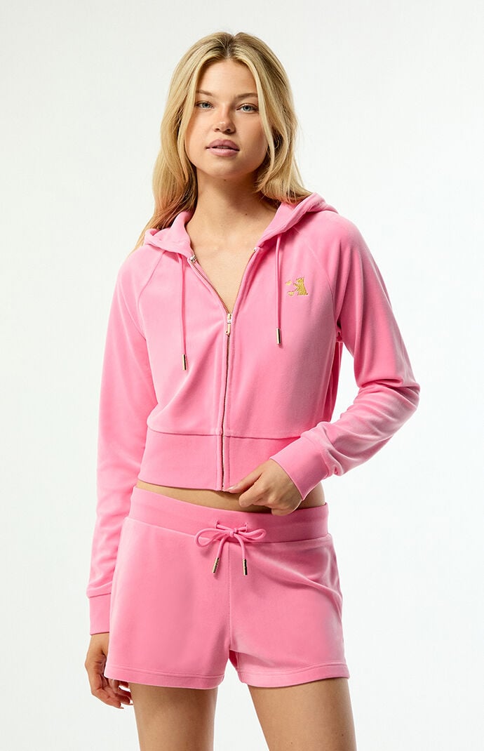 Juicy Couture Pink Velour Corset Cropped Track Jacket