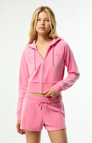 Pink Velour Corset Cropped Track Jacket image number 1