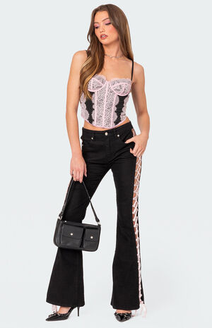 Satin Lace Up Flare Jeans image number 4