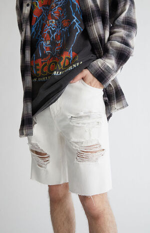 White Destroyed Denim Shorts image number 5