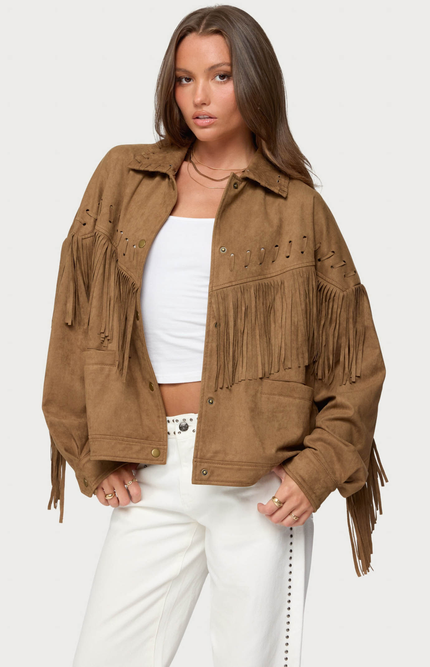 Edikted Evonka Fringe Faux Suede Jacket