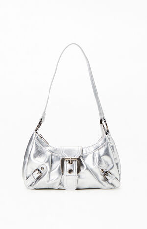 Silver Faux Leather Front Buckle Shoulder Bag image number 1
