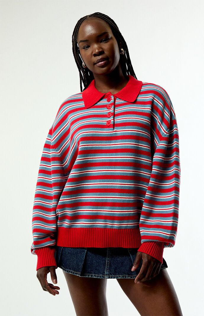 WEWOREWHAT Striped Henley Polo Sweater