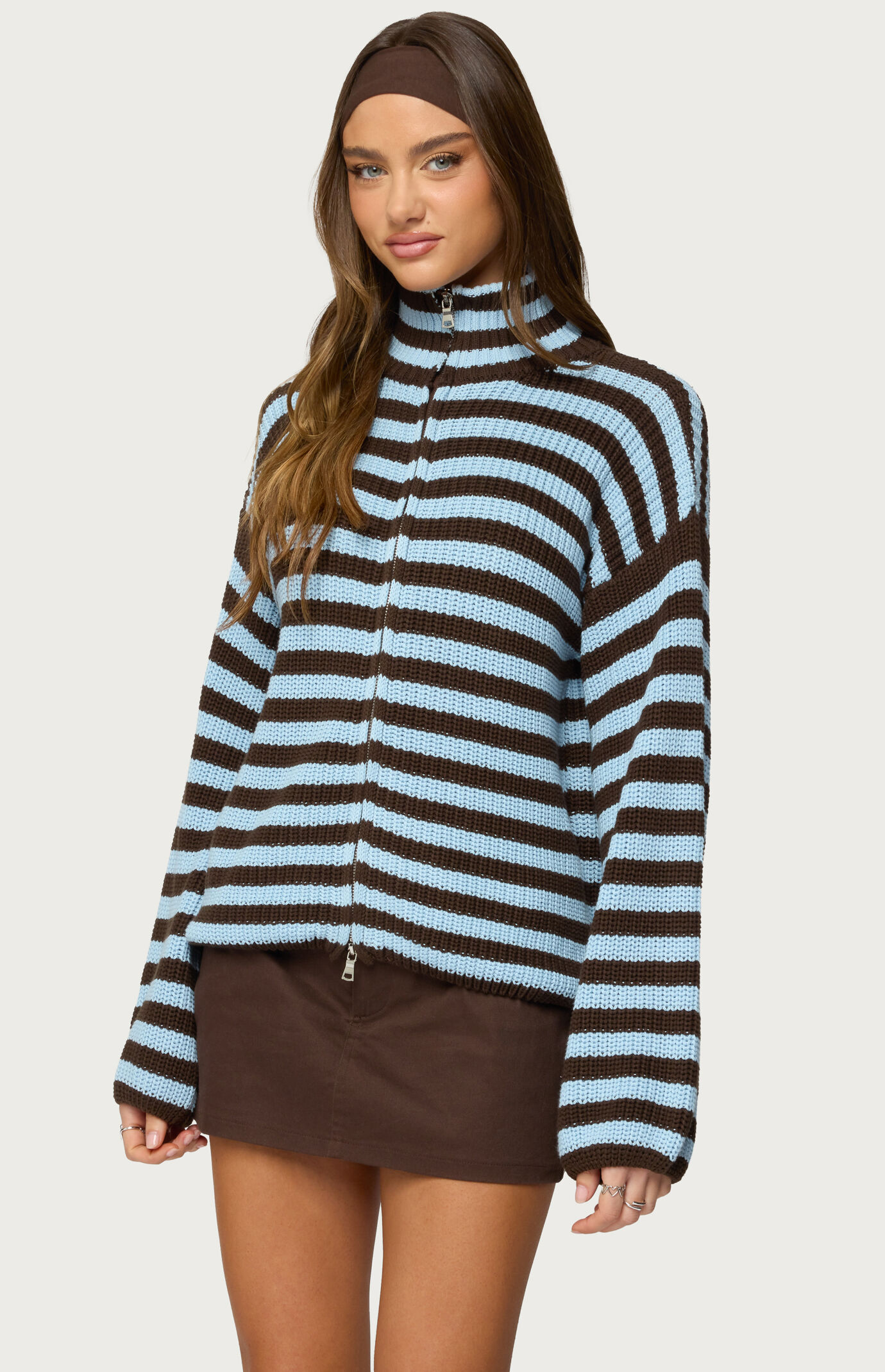 Edikted High Neck Striped Zip Up Sweater