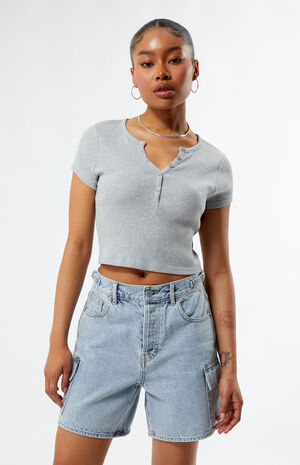 Light Indigo Denim Cargo Dad Jorts image number 1