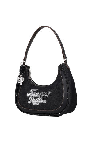 Black Wing Motif Denim Hobo Bag image number 3