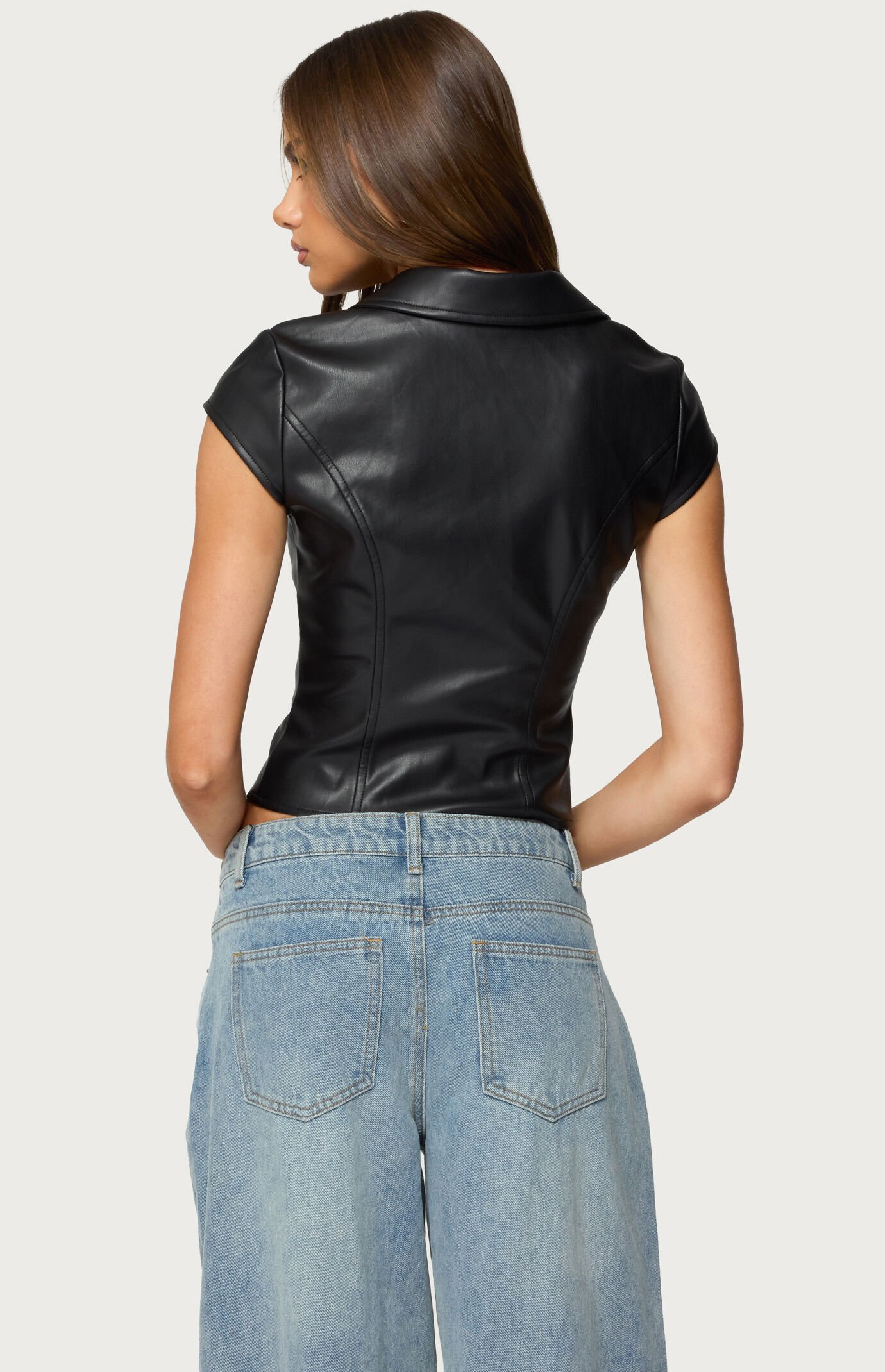 Edikted Faux Leather Tailored Button Up Top